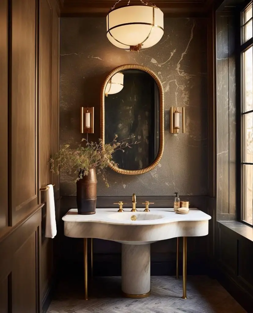 Dark modern powder room with marble sink brass fixtures and oval mirror