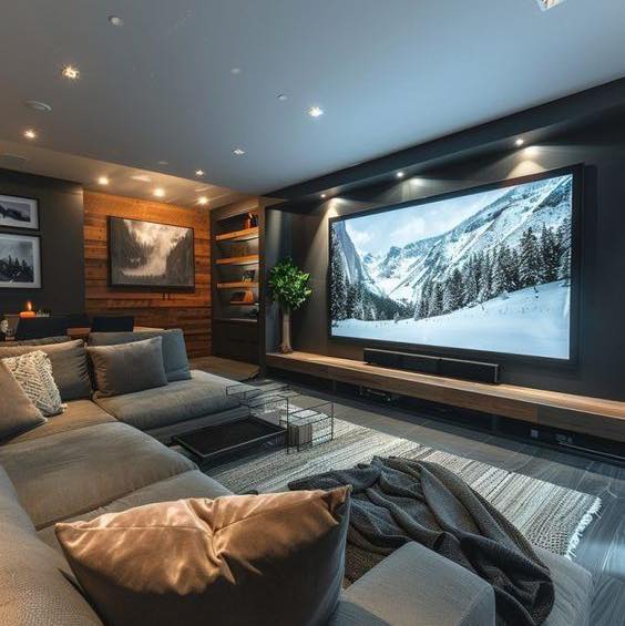 Compact basement TV room with smart storage.