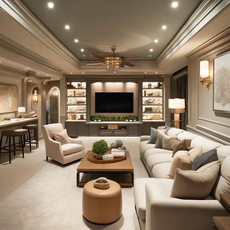 Neutral-toned basement TV retreat.