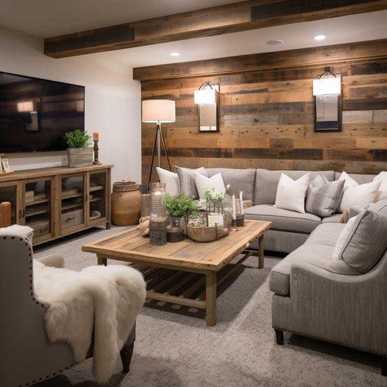 Open basement TV lounge with bar