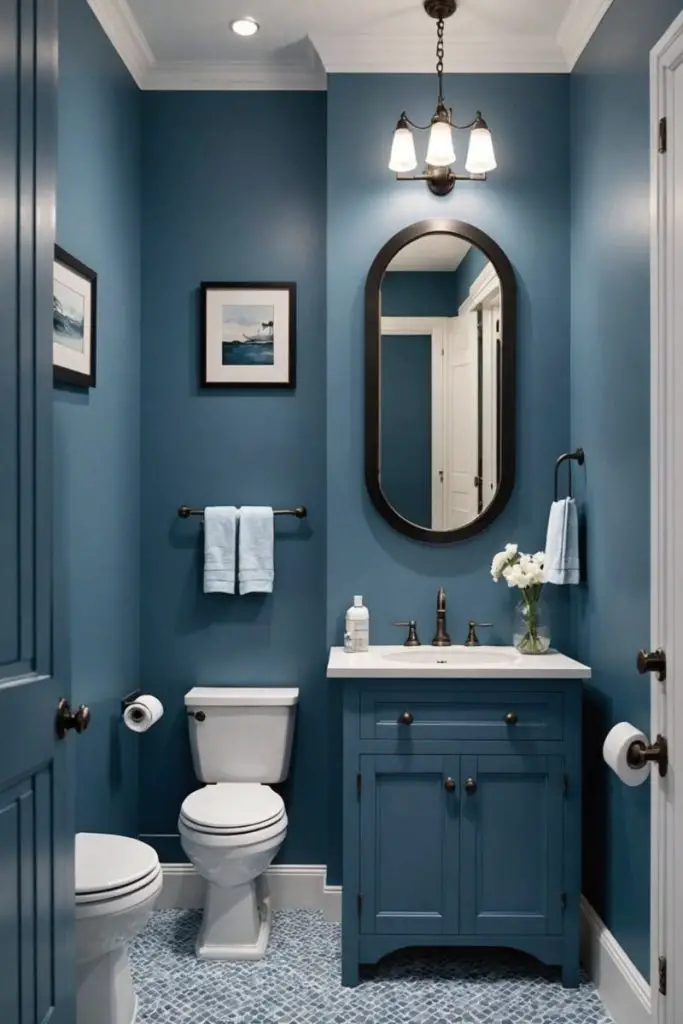Blue powder room with white vanity oval mirror and patterned floor tiles