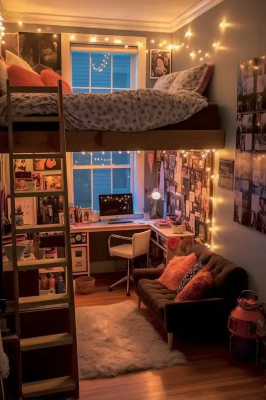 Bohemian style loft bed with fairy lights and photo wall creating dreamy atmosphere