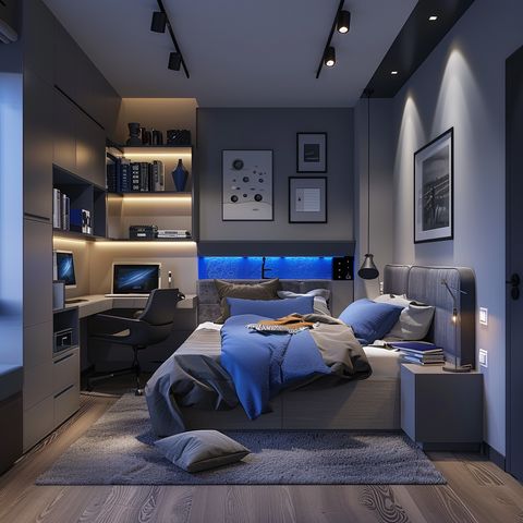Contemporary teen bedroom with blue accents and built-in desk setup