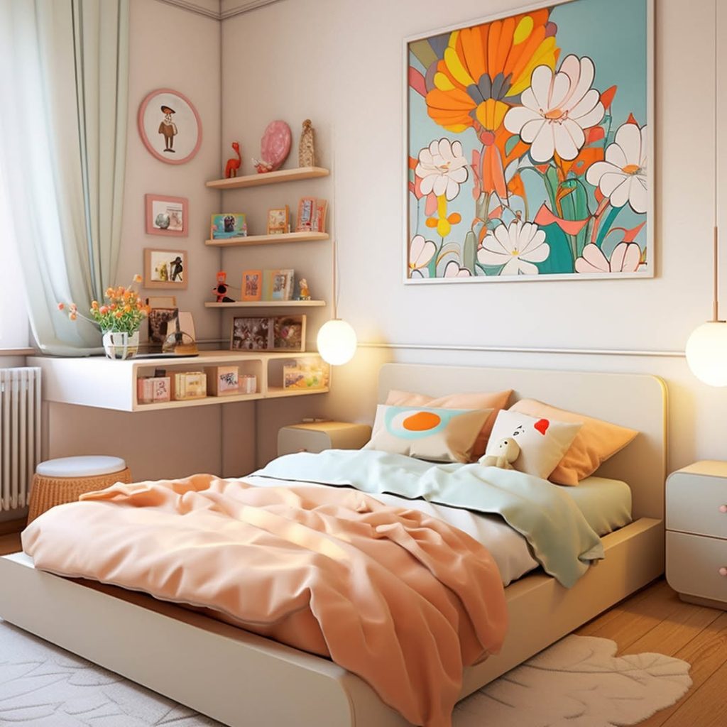 Youth bedroom with large floral artwork floating shelves and pink accents