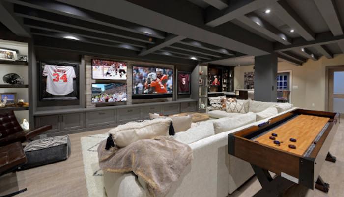 Cozy corner basement with TV setup.