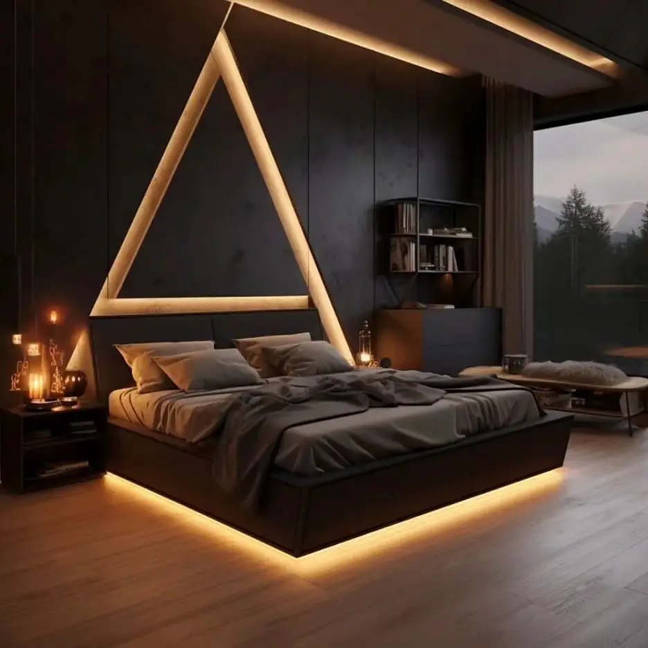 Futuristic teal bedroom with curved LED ceiling and circular platform