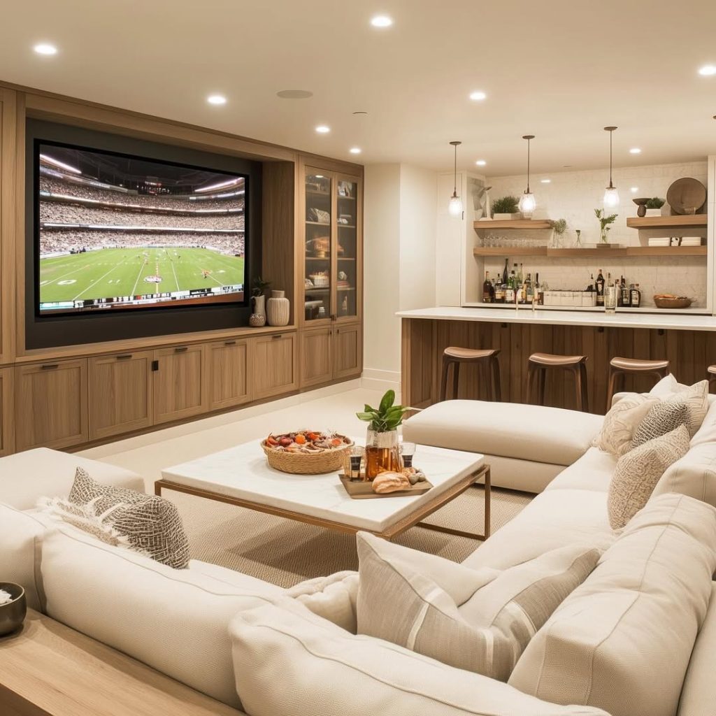Basement TV room with fireplace and modern decor