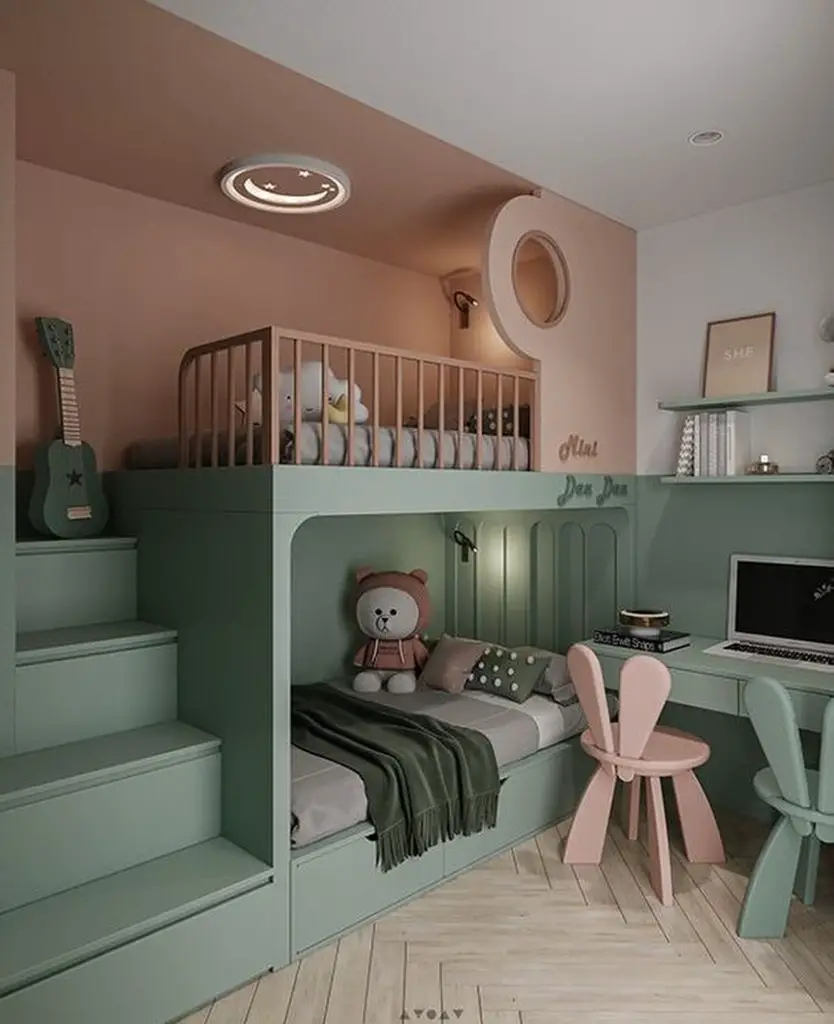 Mint green loft bed with built-in stairs desk and pink bunny chair underneath