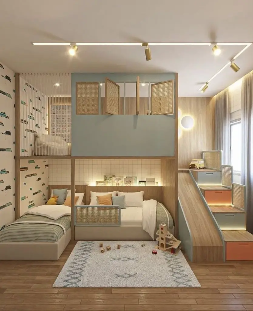 Wooden loft bed with train wallpaper cane panels and built-in storage stairs