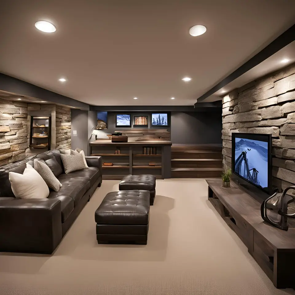 Spacious open-concept basement TV area.