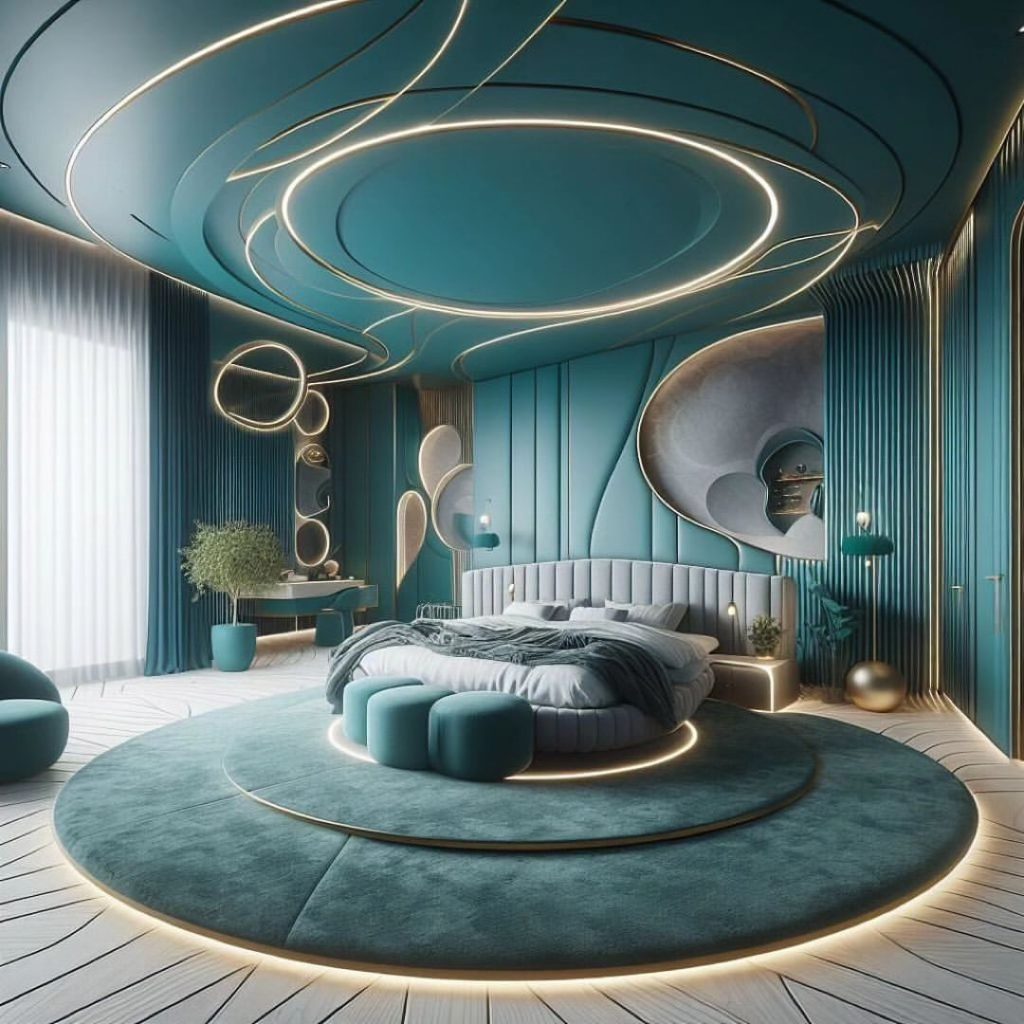 Modern bedroom with illuminated shelf dark walls and office space