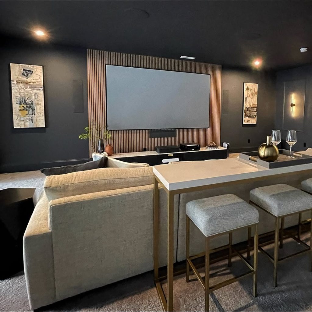 Basement TV room with rustic barn doors.