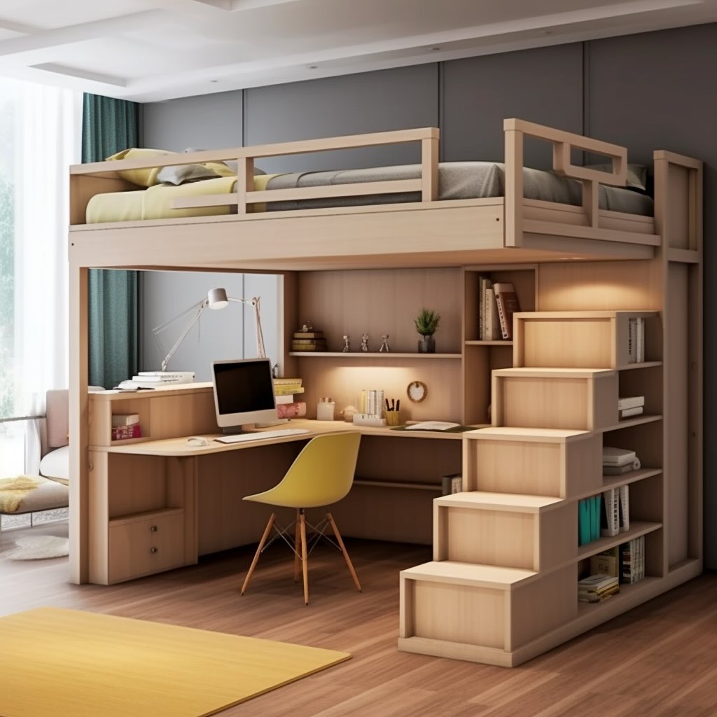Light wood loft bed with L shaped desk and yellow chair underneath