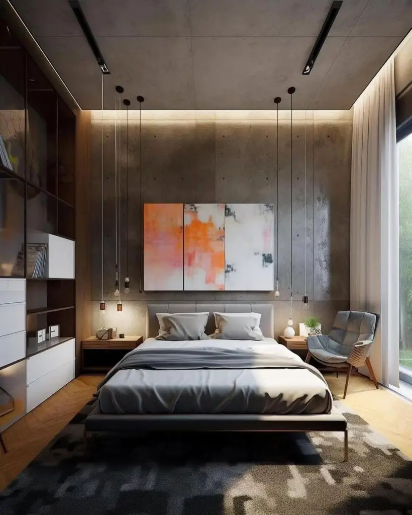 Modern bedroom with concrete walls floating bed and orange abstract art