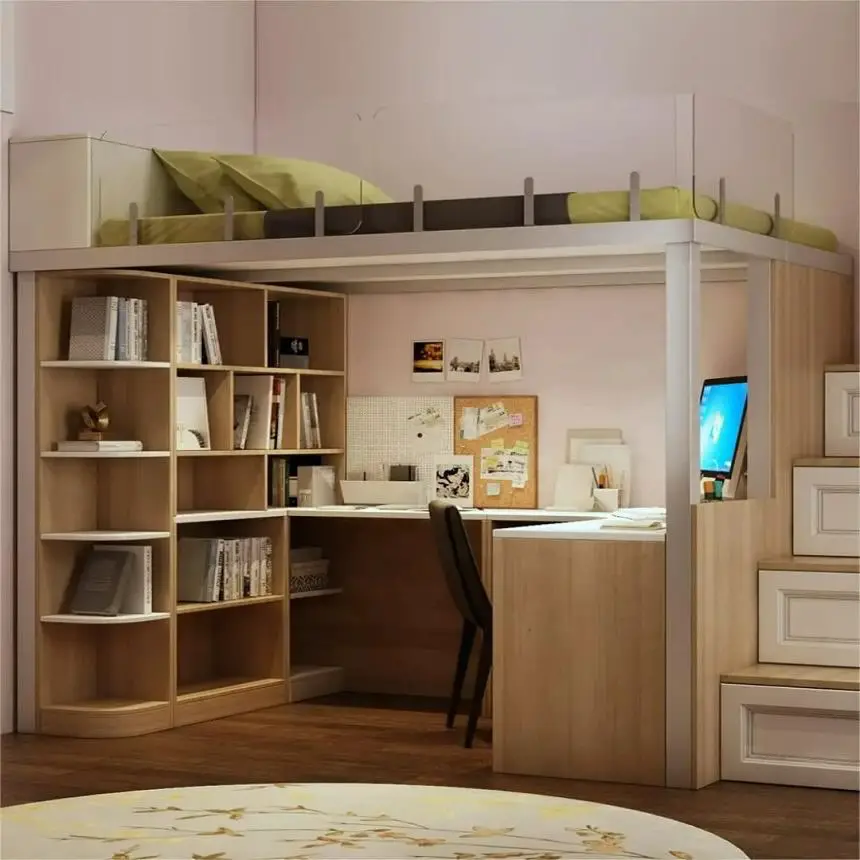 White corner loft bed with curved bookshelf and built-in desk workspace