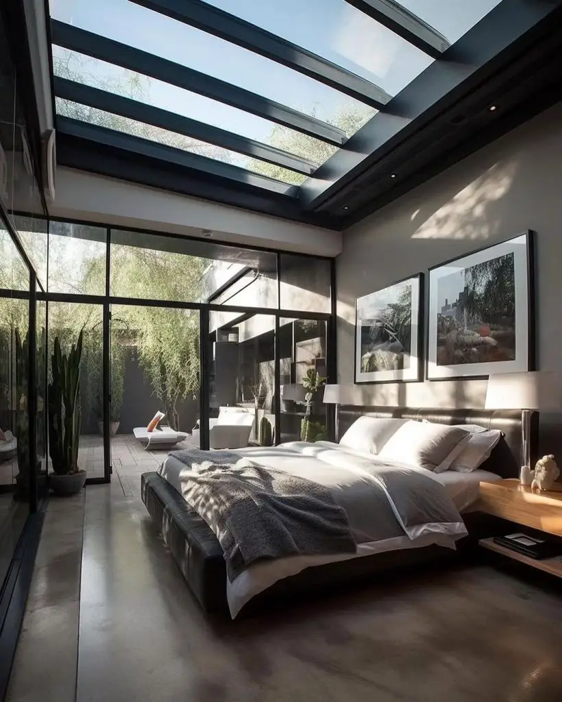 Contemporary bedroom with glass ceiling natural lighting and minimalist decor