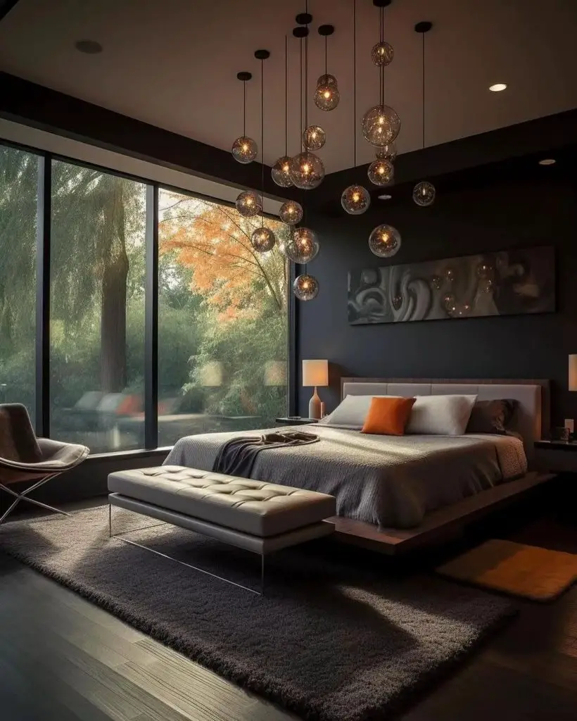 Dark modern bedroom with hanging glass orb lights and large windows