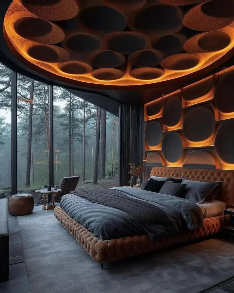 Luxurious bedroom with circular lit ceiling panels overlooking forest