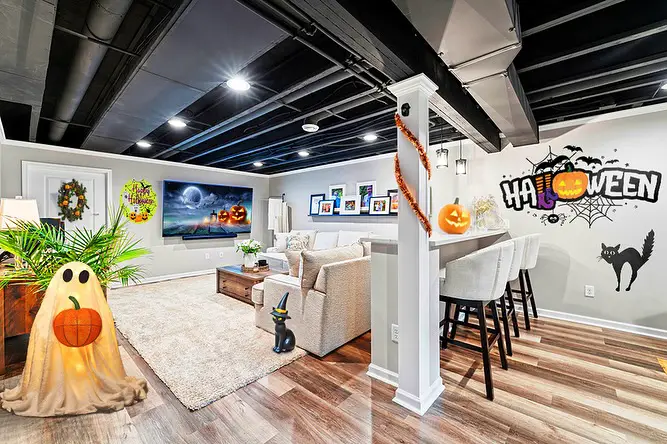 Minimalist basement with sleek TV setup