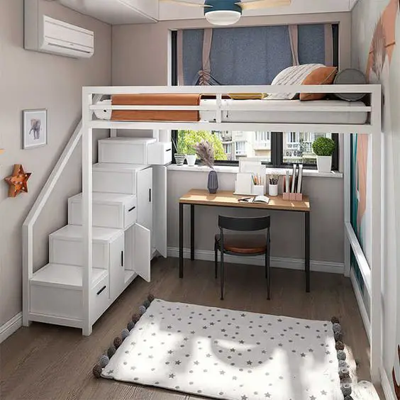 Modern white loft bed with storage stairs and minimalist workspace underneath