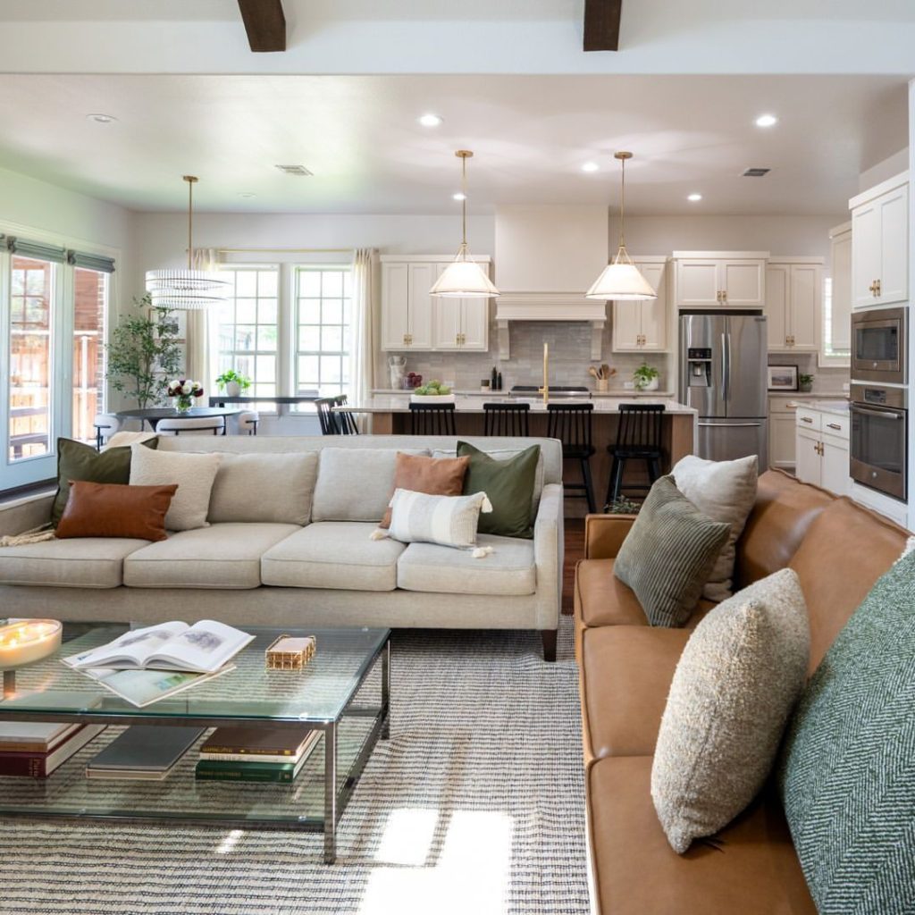 Modern living space with navy blue kitchen island