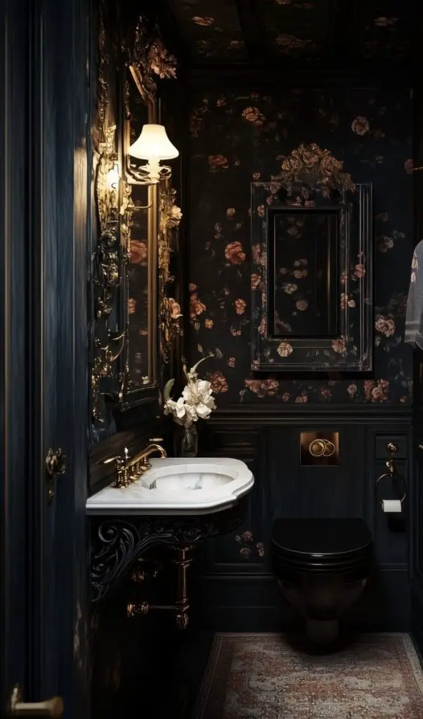 Dark dramatic powder room with floral wallpaper and vintage style fixtures