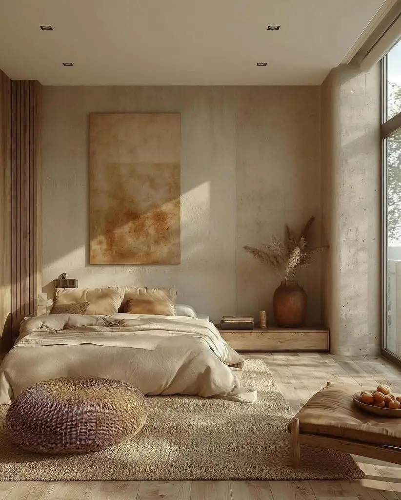 Modern bedroom surrounded by large aquarium walls with tropical fish