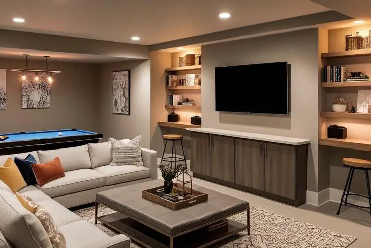 Bohemian basement TV room with cozy decor.