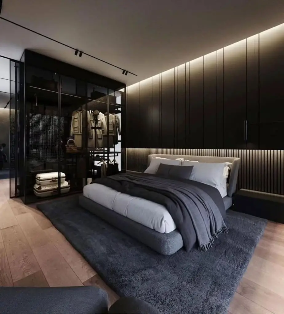 Modern bedroom with vertical lit panels and wooden ceiling details