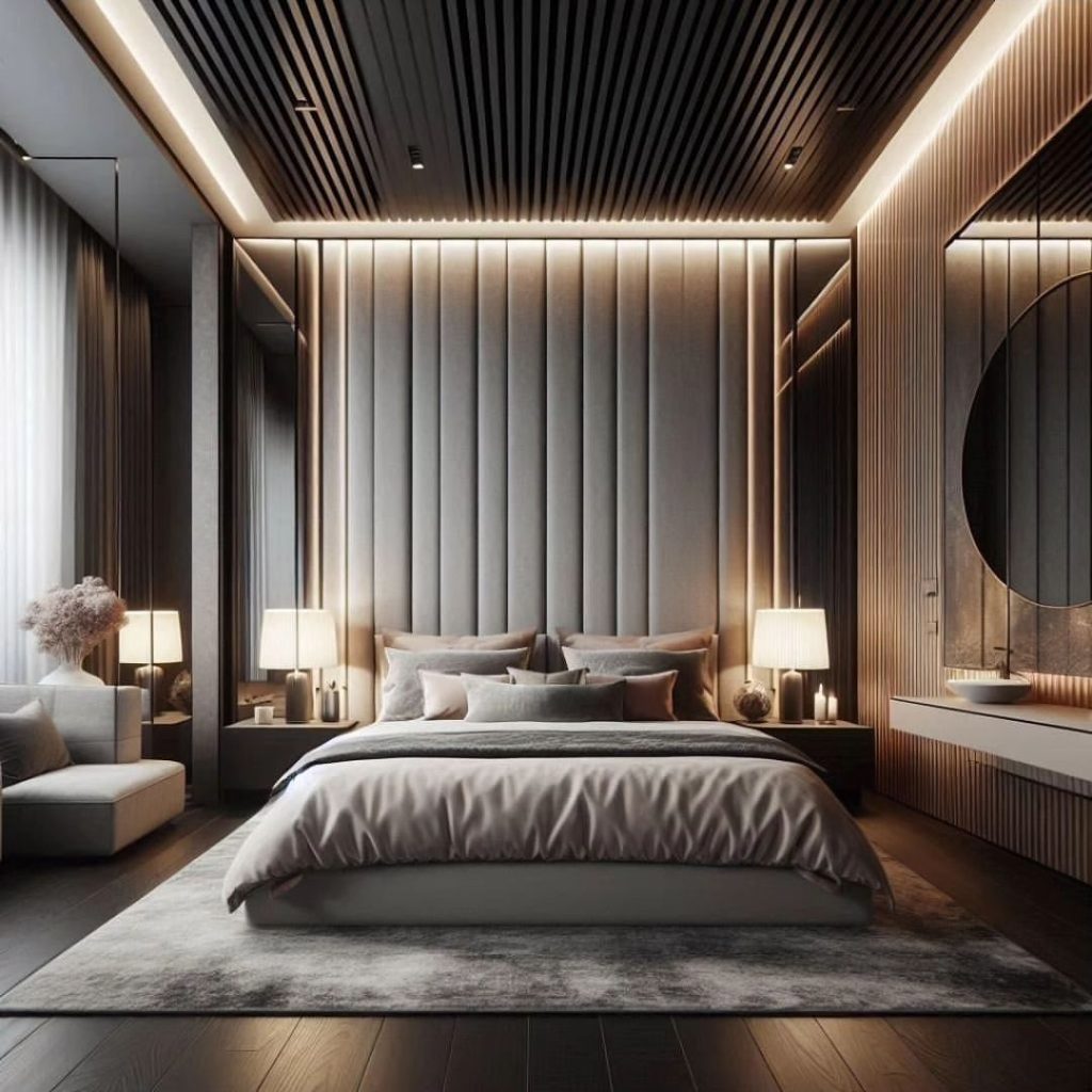 Contemporary bedroom with striped wall panels and ambient lighting