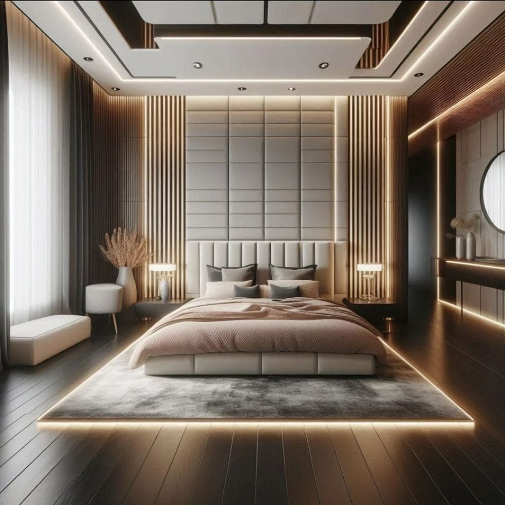 Modern bedroom with floating platform bed illuminated LED lights and wood panels