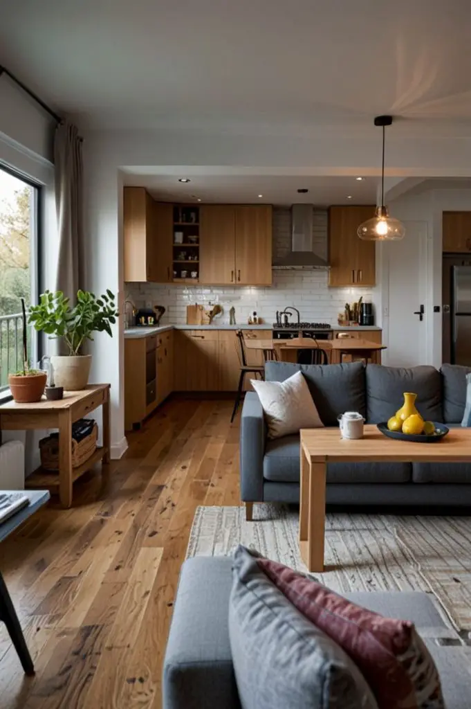 Open concept kitchen and living room with wooden cabinets and grey sofa