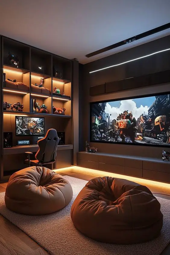 Minimalist basement TV room with open layout