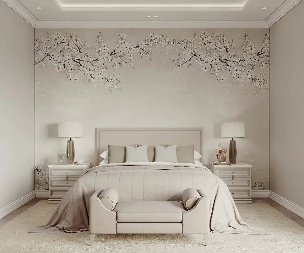 Neutral bedroom with cherry blossom wall art and matching nightstands