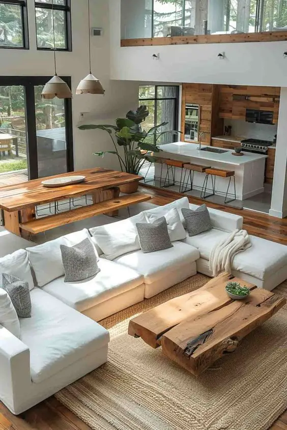 Modern rustic living room with white sectional and wooden furniture