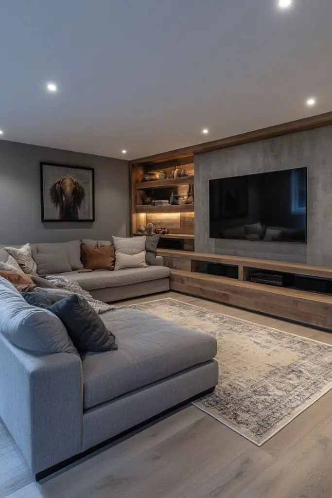 Elegant basement TV room with luxurious finishes.