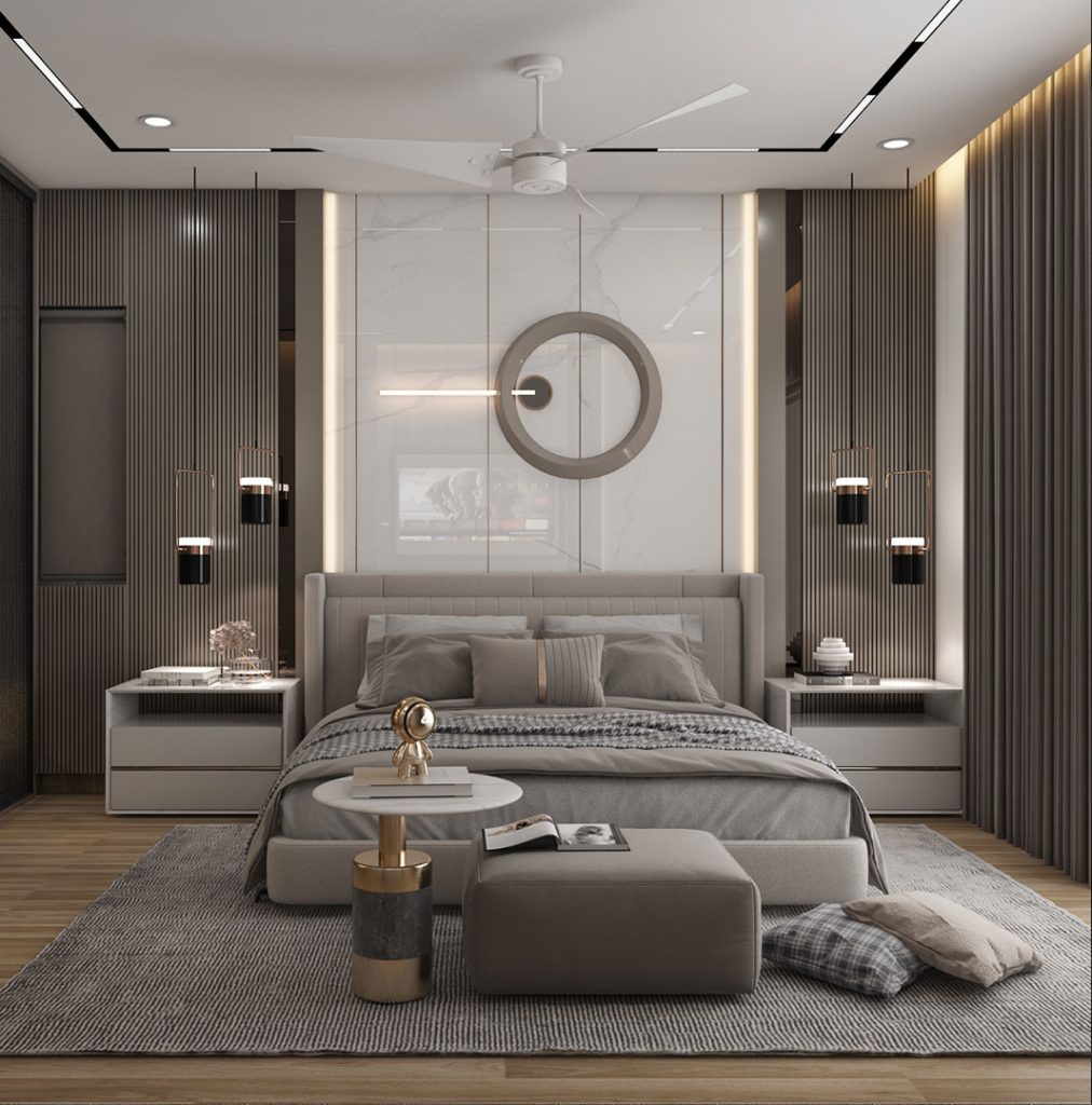 Grey bedroom with circular wall feature and modern lighting fixtures