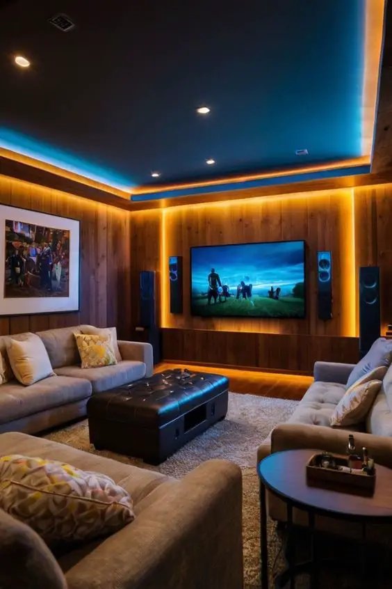 Casual basement TV room with gaming area.