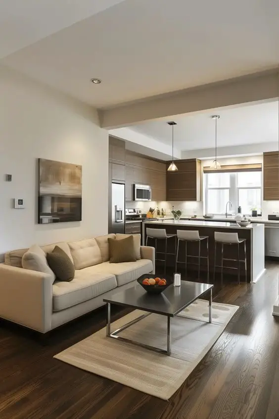 Open concept living space with neutral colors and modern furniture