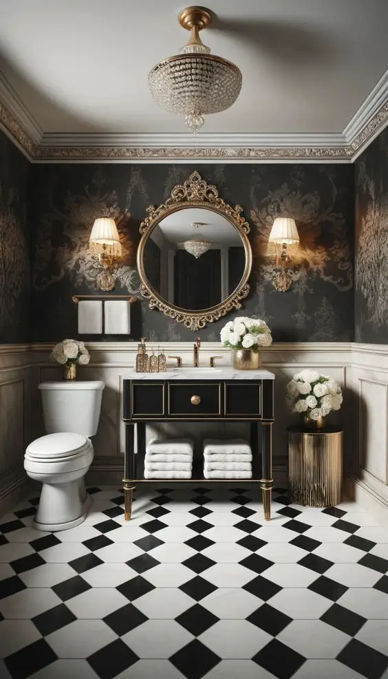 Elegant powder room with checkered floor gold mirror and crystal chandelier
