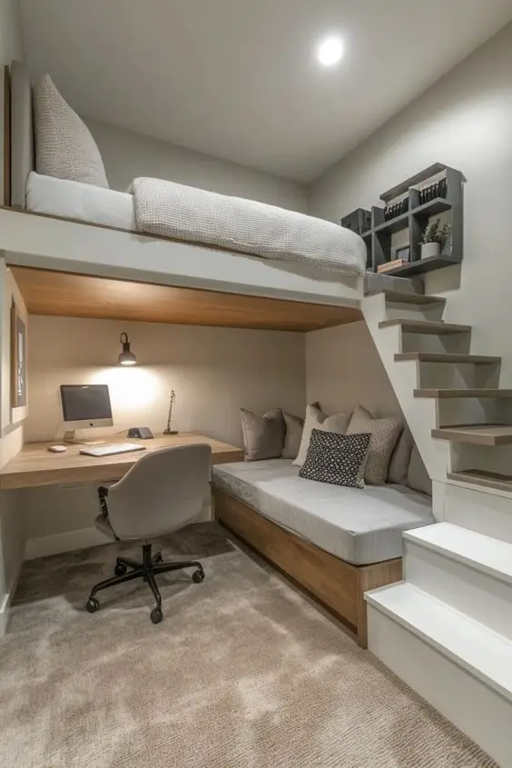 Modern loft bedroom with built in office space and floating stairs