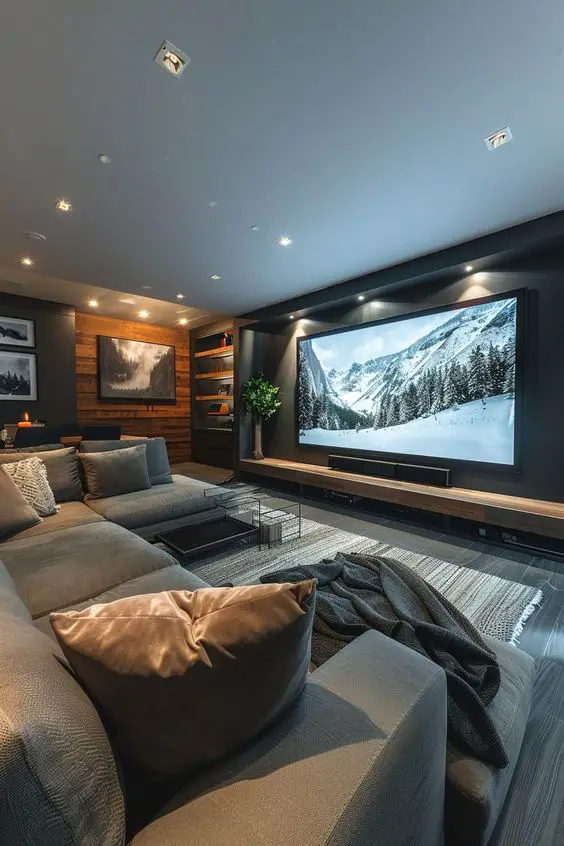 Nature-inspired basement TV room with greenery