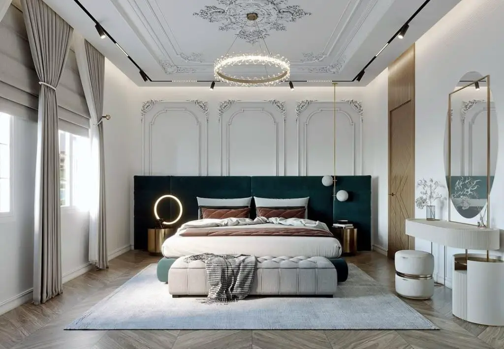 Modern bedroom with olive bed and floating curved shelves workspace