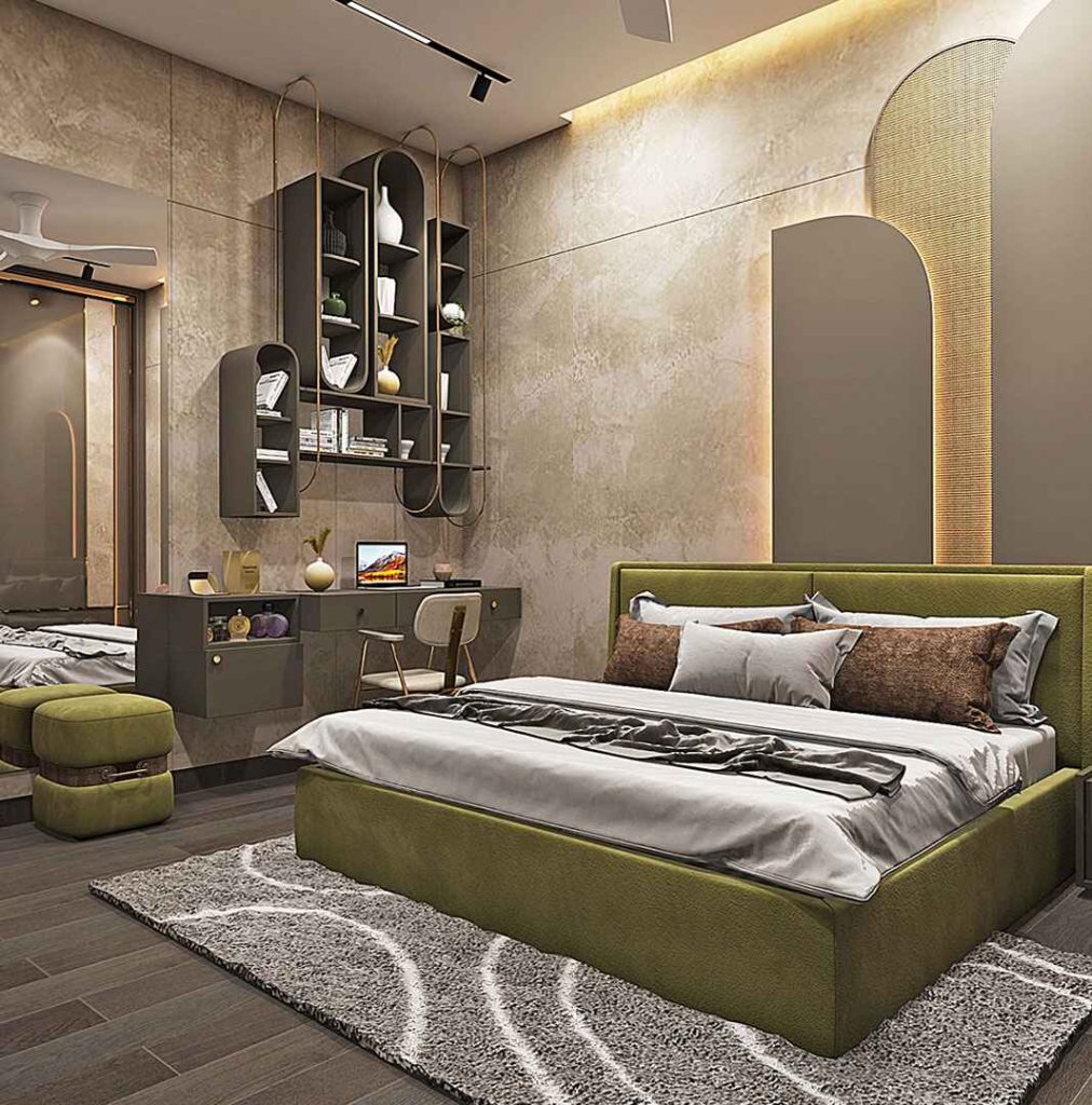 Modern sage green bedroom with curved shelves and study area