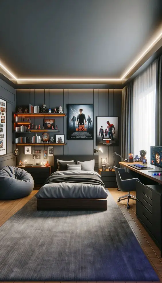 Contemporary teen bedroom with movie posters and floating shelves display