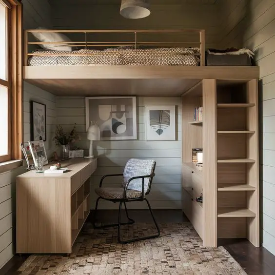 Wooden loft bed with integrated desk and modern geometric artwork