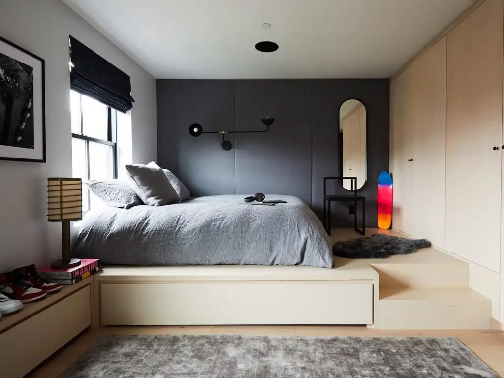 Teen bedroom with striped wallpaper Matisse prints and gray upholstered bed.