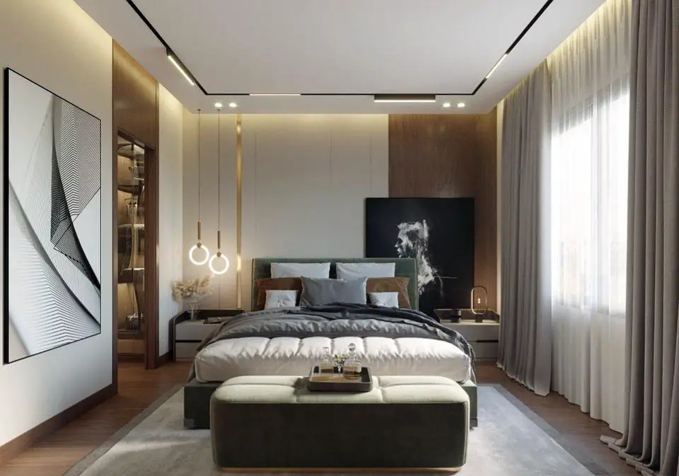 Modern bedroom featuring stone accent wall pendant lights and wooden flooring.