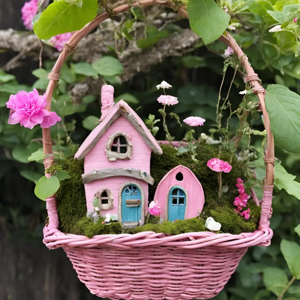 Pink fairy houses in a decorative basket