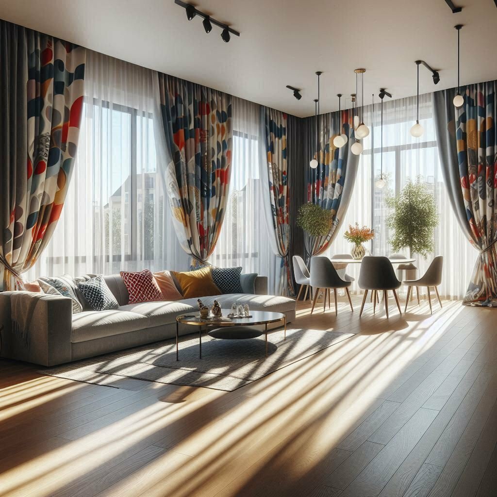 Bright living room with colorful patterned curtains, grey sofa, wooden floors, and abundant natural light streaming through large windows.